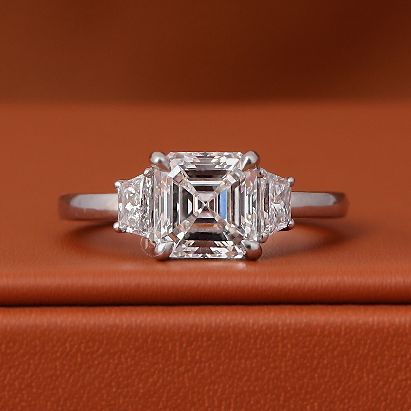IGI Certified Asscher Cut Lab Grown Diamond Engagement Ring Three Stone 14k White Gold