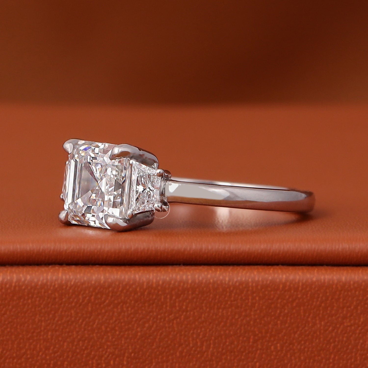 IGI Certified Asscher Cut Lab Grown Diamond Engagement Ring Three Stone 14k White Gold