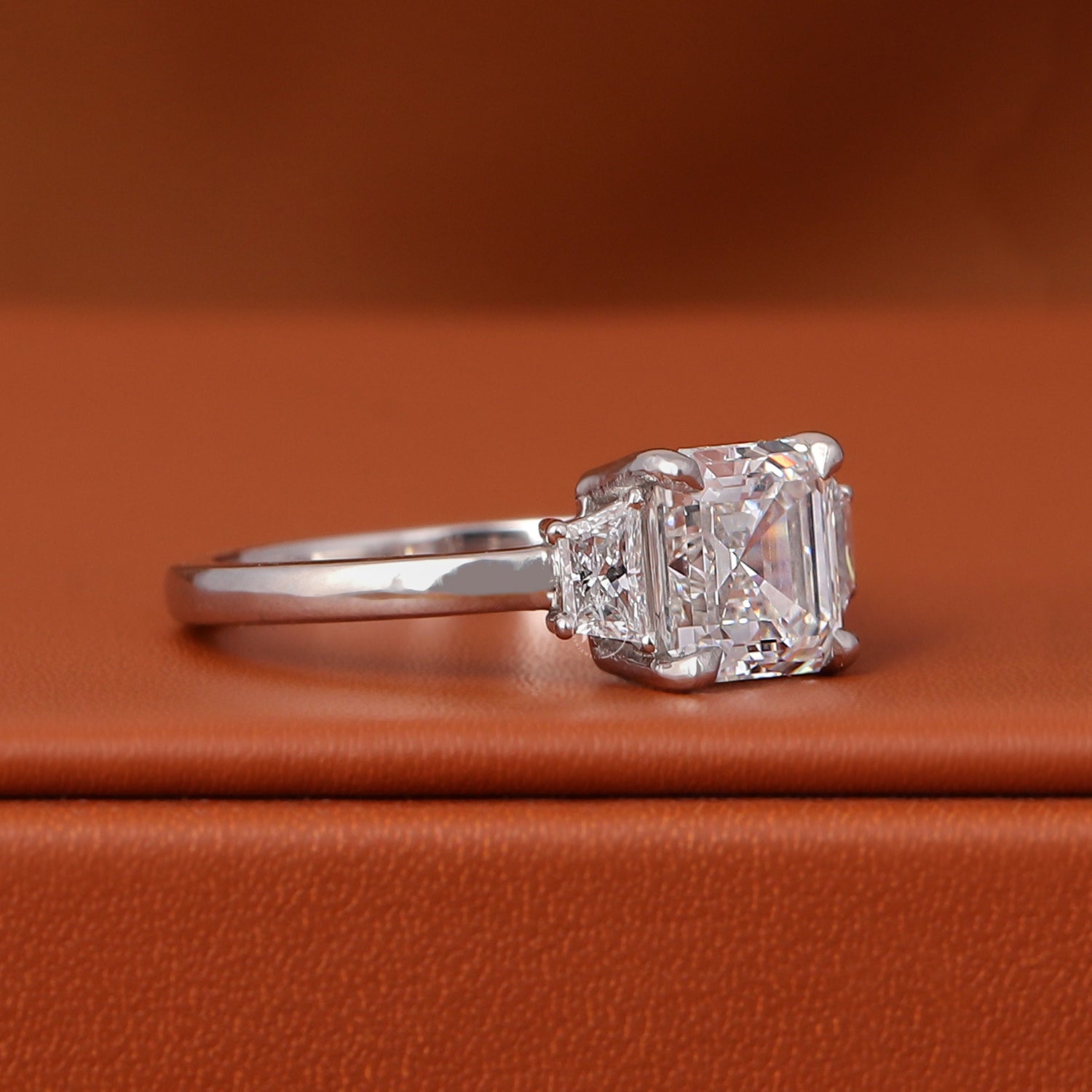 IGI Certified Asscher Cut Lab Grown Diamond Engagement Ring Three Stone 14k White Gold