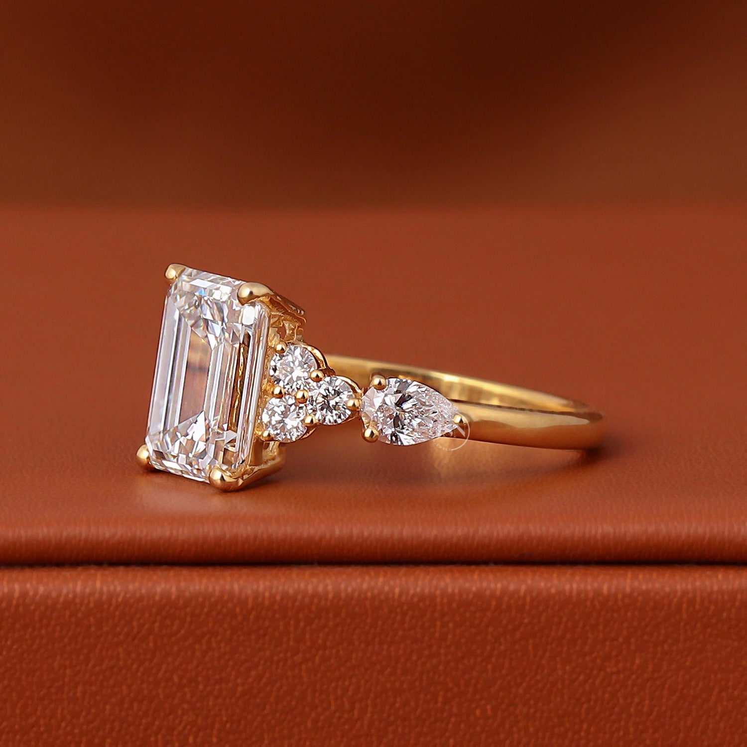 4 Carat Emerald Cut Lab Grown Diamond Engagement Ring Cluster Setting Round & Pear Side Stones Yellow Gold Bridal Ring