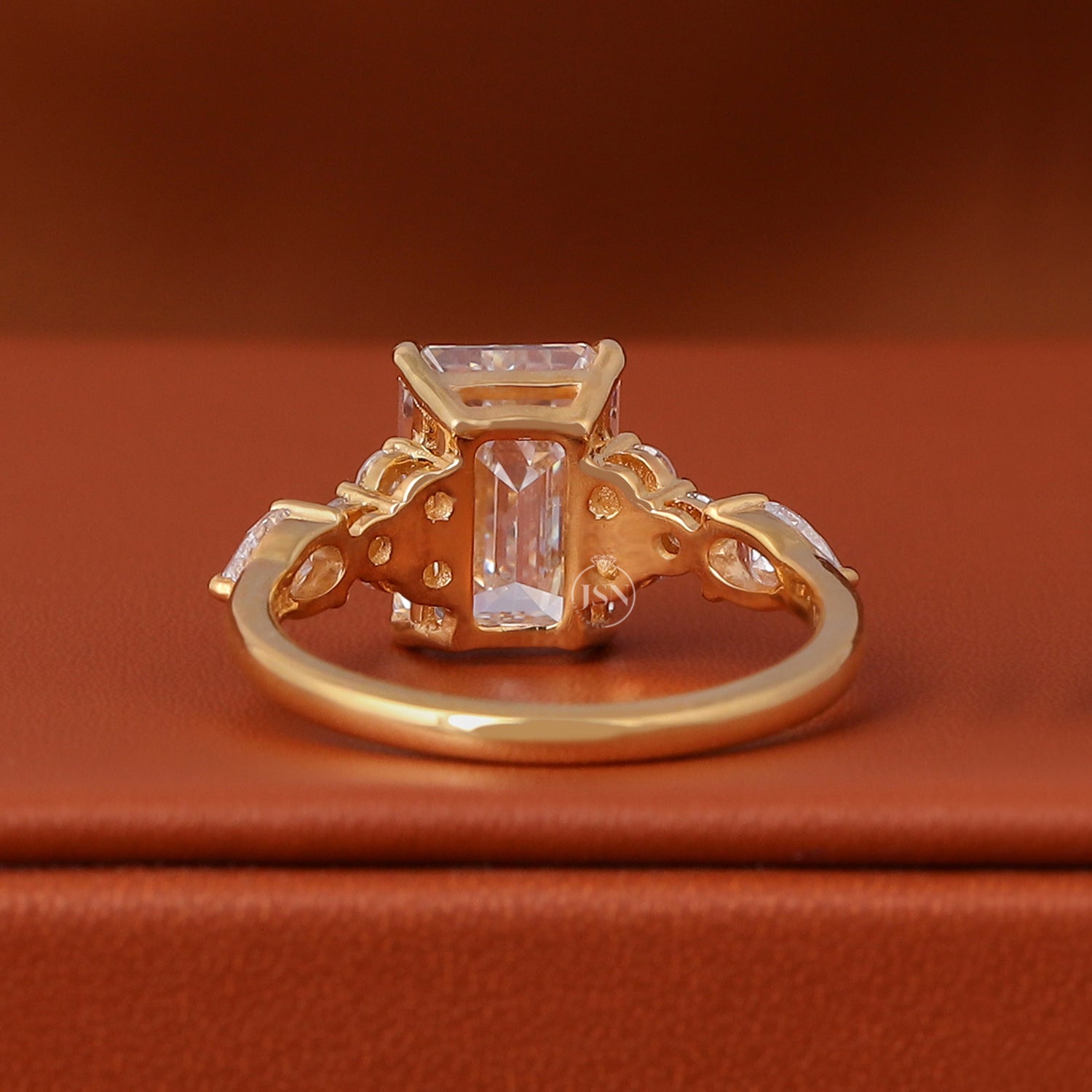 4 Carat Emerald Cut Lab Grown Diamond Engagement Ring Cluster Setting Round & Pear Side Stones Yellow Gold Bridal Ring