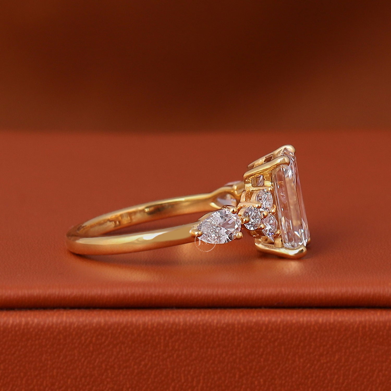 4 Carat Emerald Cut Lab Grown Diamond Engagement Ring Cluster Setting Round & Pear Side Stones Yellow Gold Bridal Ring