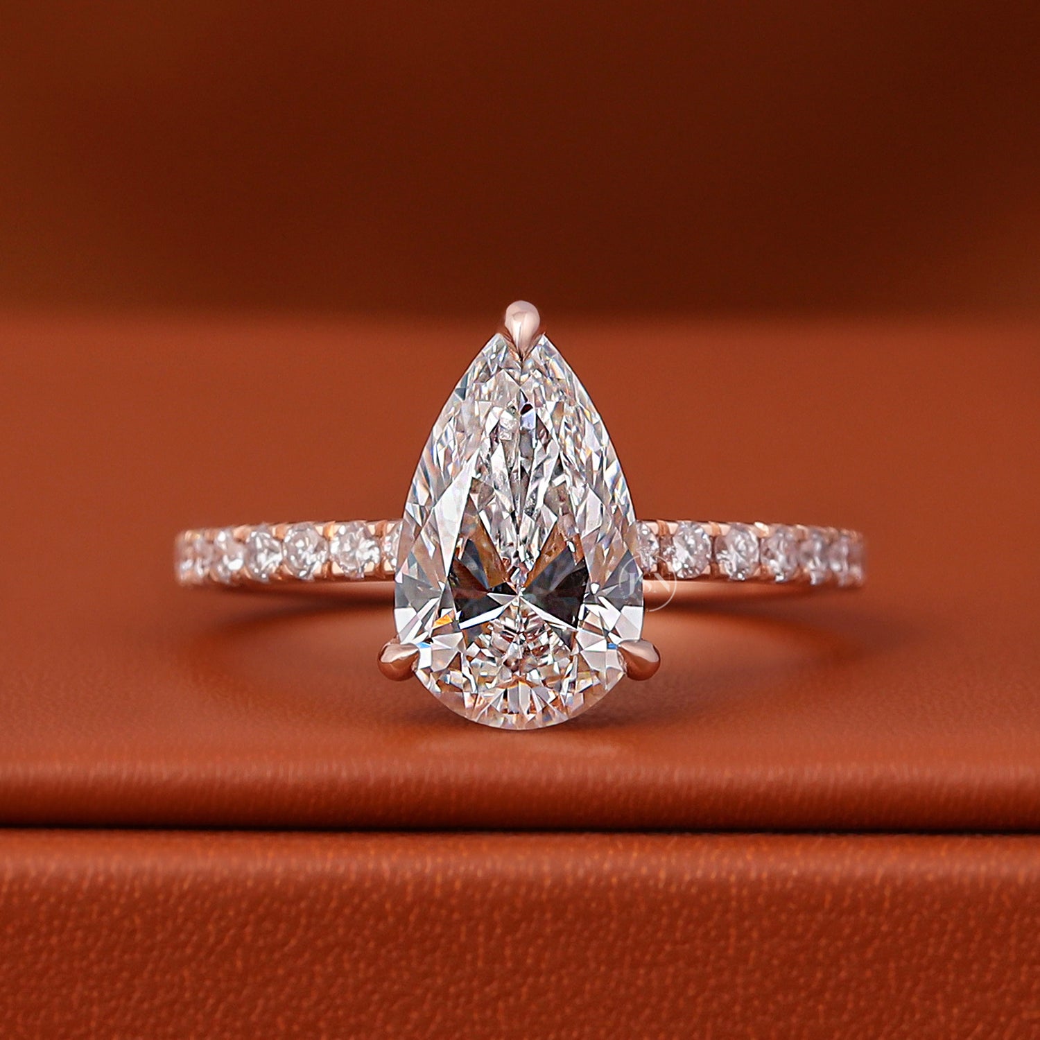IGI Certified Pear Cut Lab Grown Diamond Engagement Ring 14k Solid Gold Pave Band
