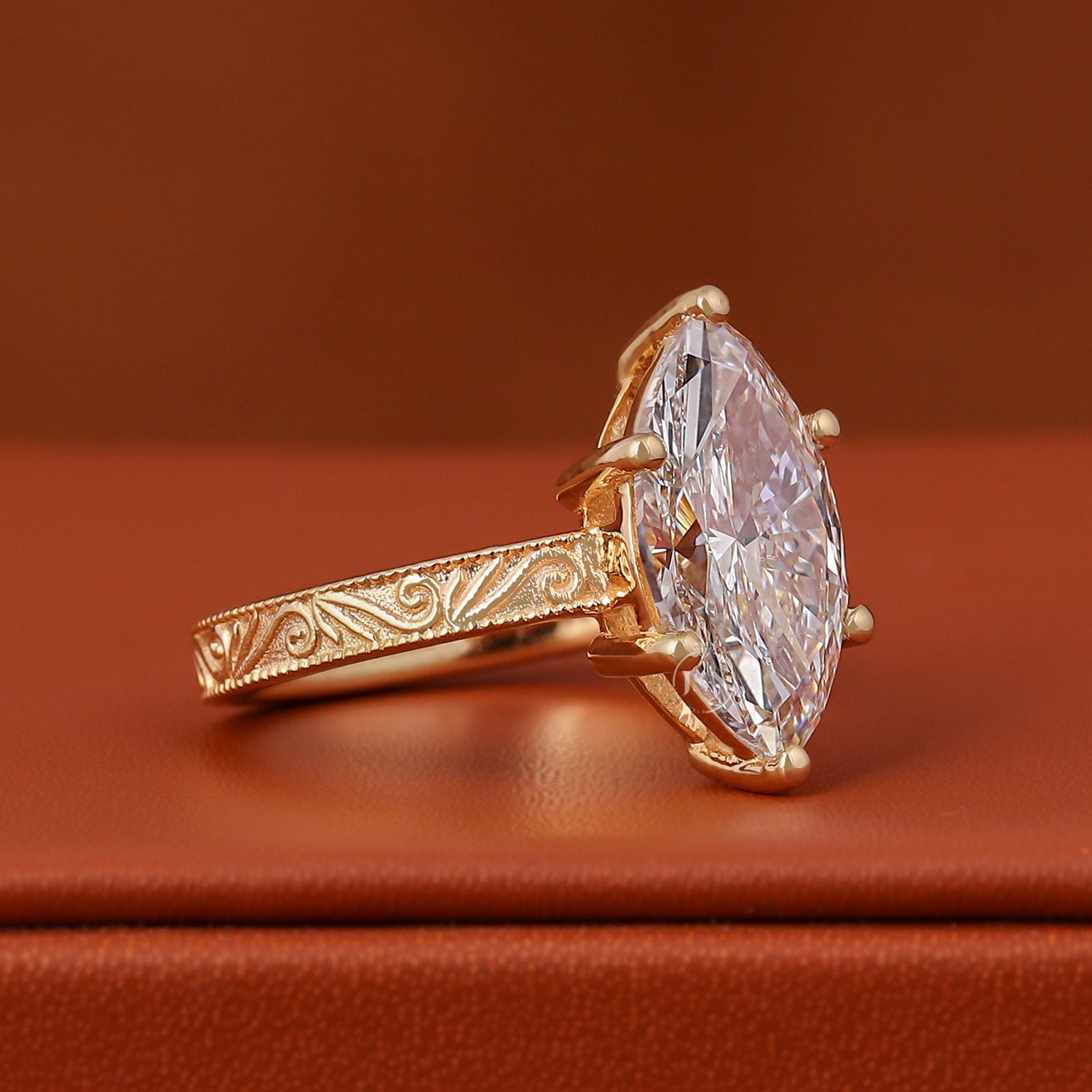 Marquise Lab Diamond Engagement Ring, 18K Solid Gold Vintage Solitaire (IGI Certified)
