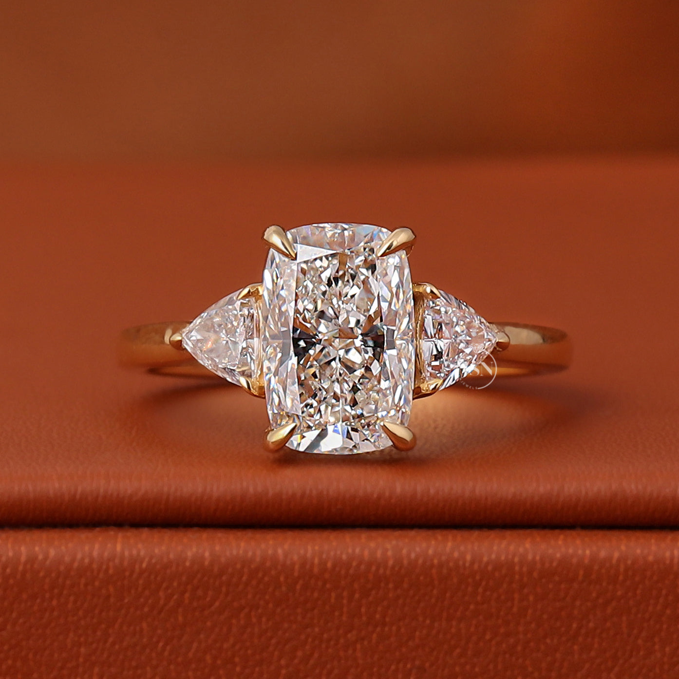 Elongated Cushion Cut Lab Grown Trillion Sides Diamond Engagement Ring Three Stone (IGI Certified)