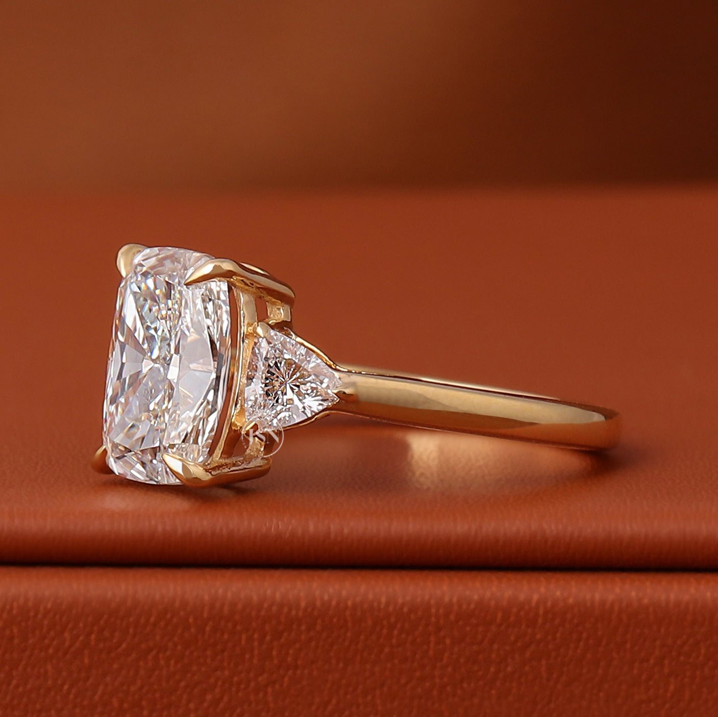 Elongated Cushion Cut Lab Grown Trillion Sides Diamond Engagement Ring Three Stone (IGI Certified)