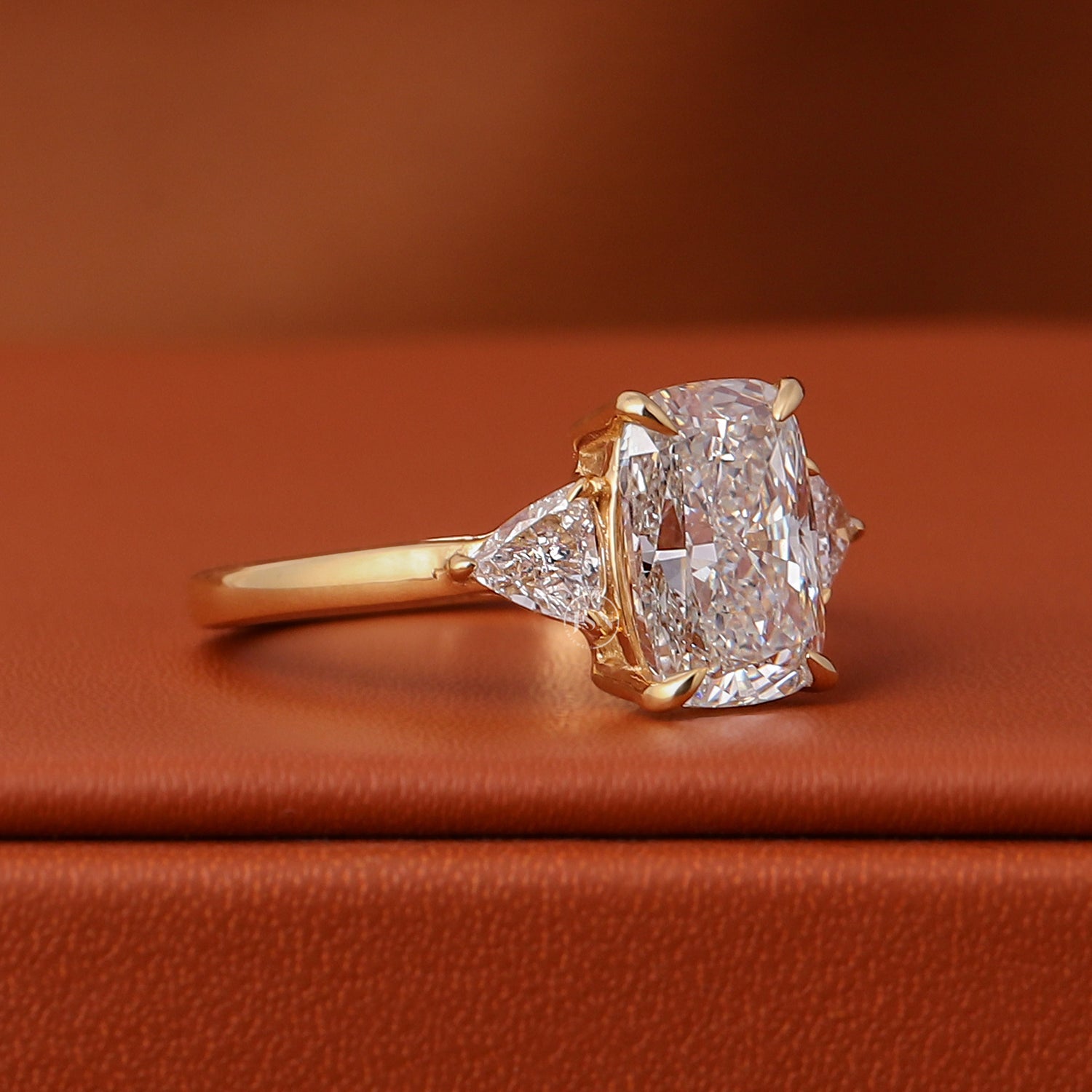 Elongated Cushion Cut Lab Grown Trillion Sides Diamond Engagement Ring Three Stone (IGI Certified)