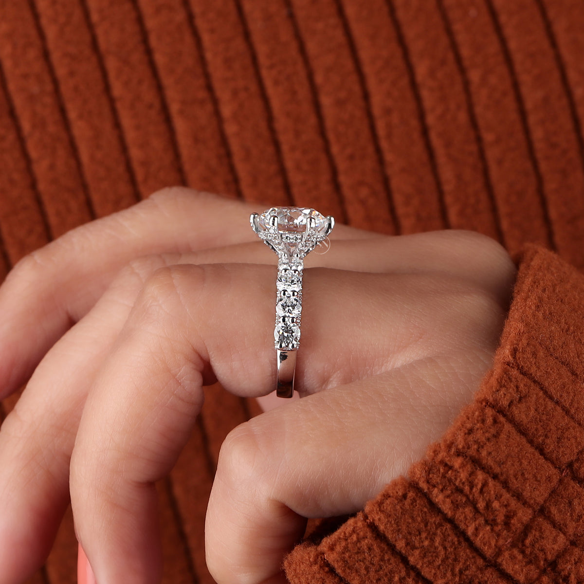 3 Carat Round Lab Diamond Engagement Ring, 14k White Gold Hidden Halo Pave