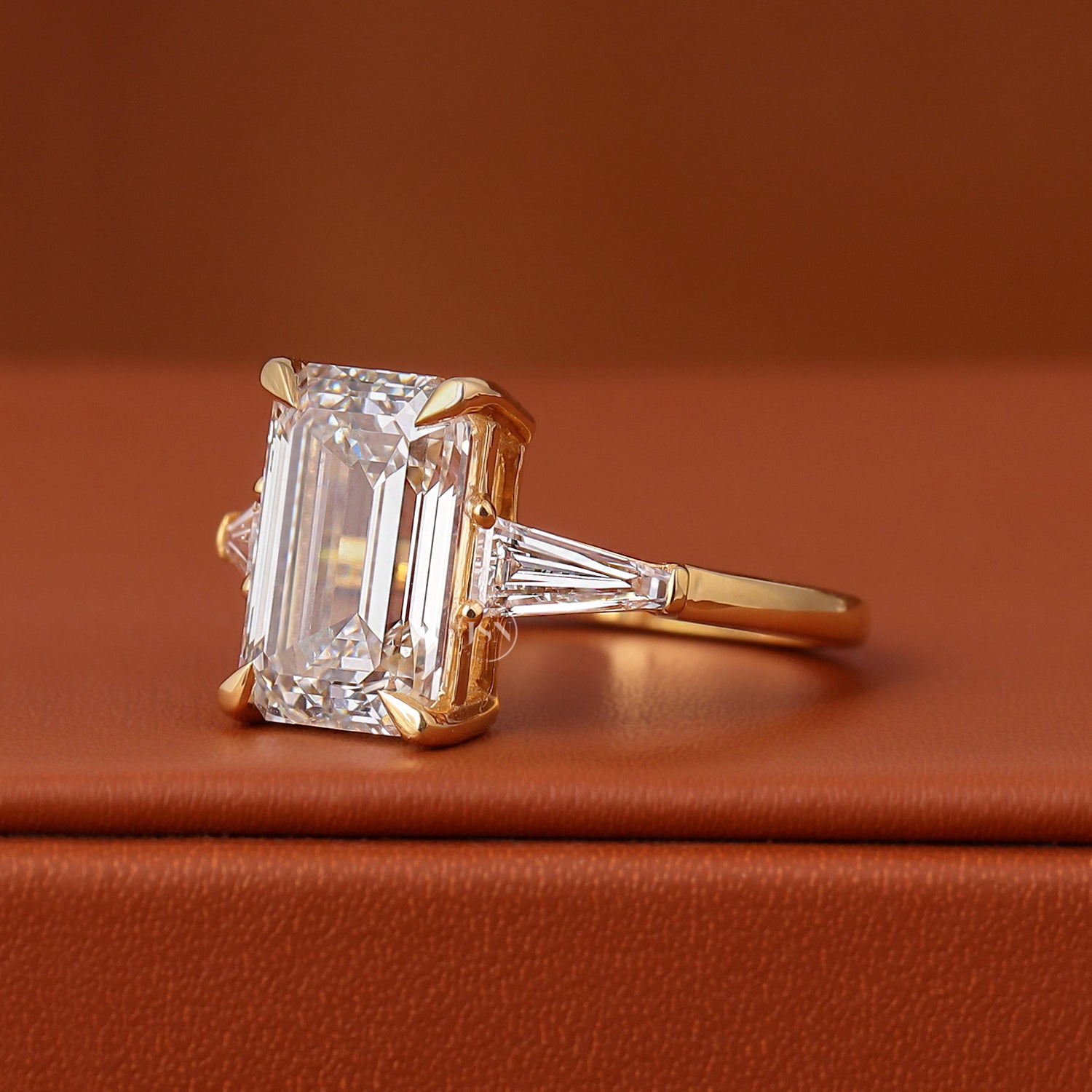 4 Carat Emerald Cut Lab Diamond Engagement Ring 14K Yellow Gold Trapezoid Side Stones