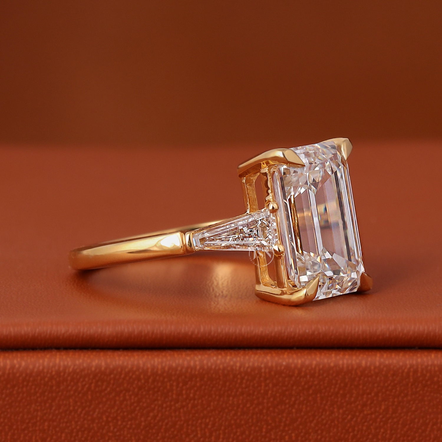 4 Carat Emerald Cut Lab Diamond Engagement Ring 14K Yellow Gold Trapezoid Side Stones