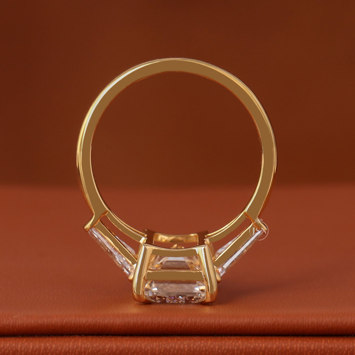 4 Carat Emerald Cut Lab Diamond Engagement Ring 14K Yellow Gold Trapezoid Side Stones