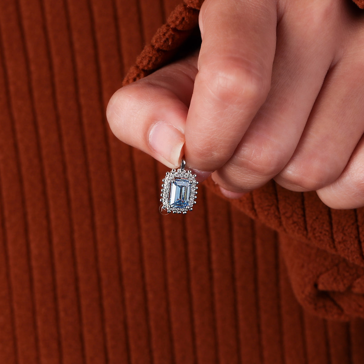 Blue Emerald Cut Lab-Grown Gemstone Halo Pendant Necklace 14K Solid Gold