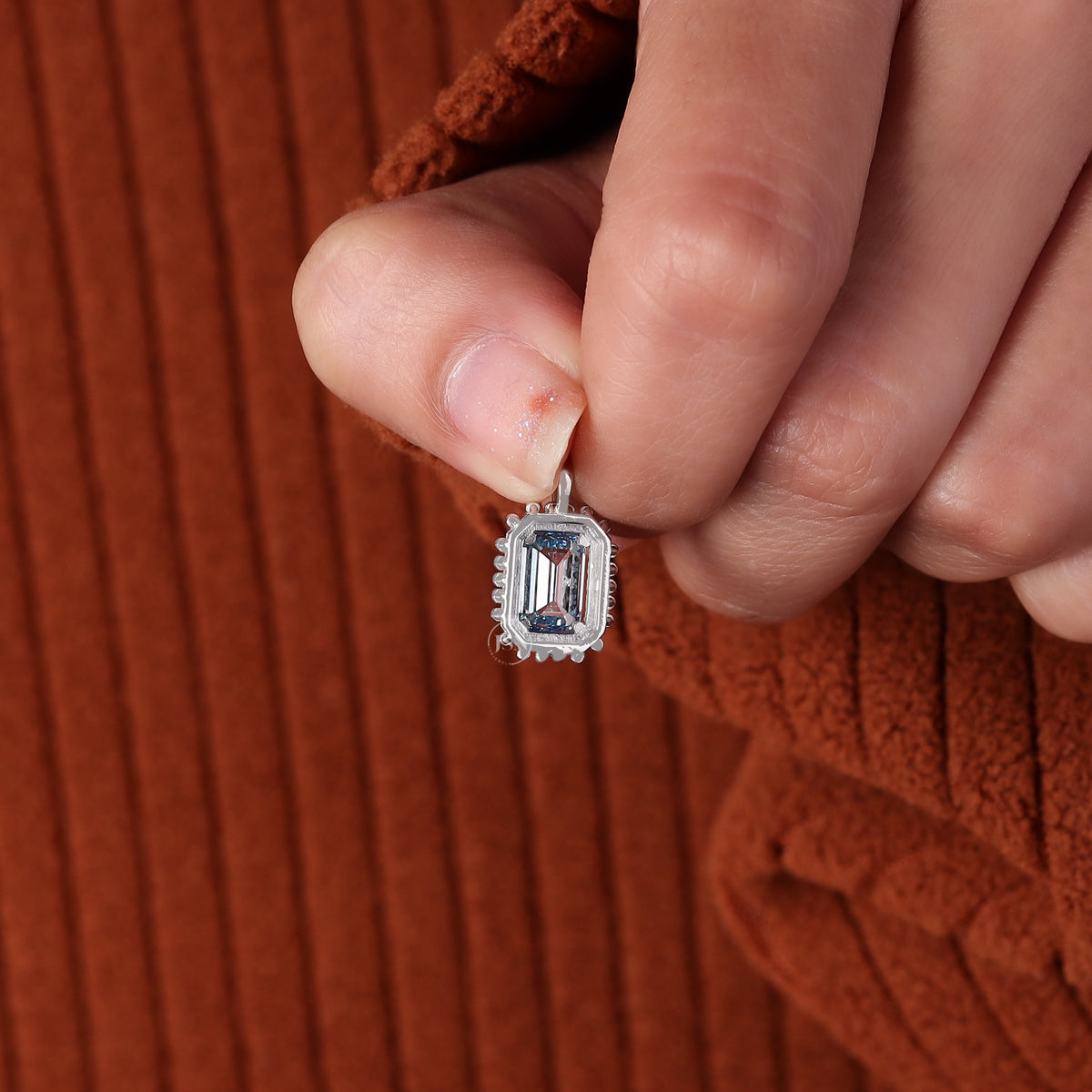 Blue Emerald Cut Lab-Grown Gemstone Halo Pendant Necklace 14K Solid Gold