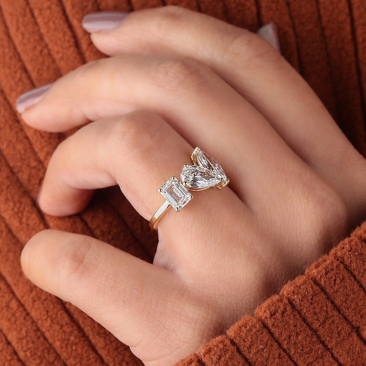 Three Stone Engagement Ring Emerald & Pear Marquise Lab Grown Diamond 14k Yellow Gold