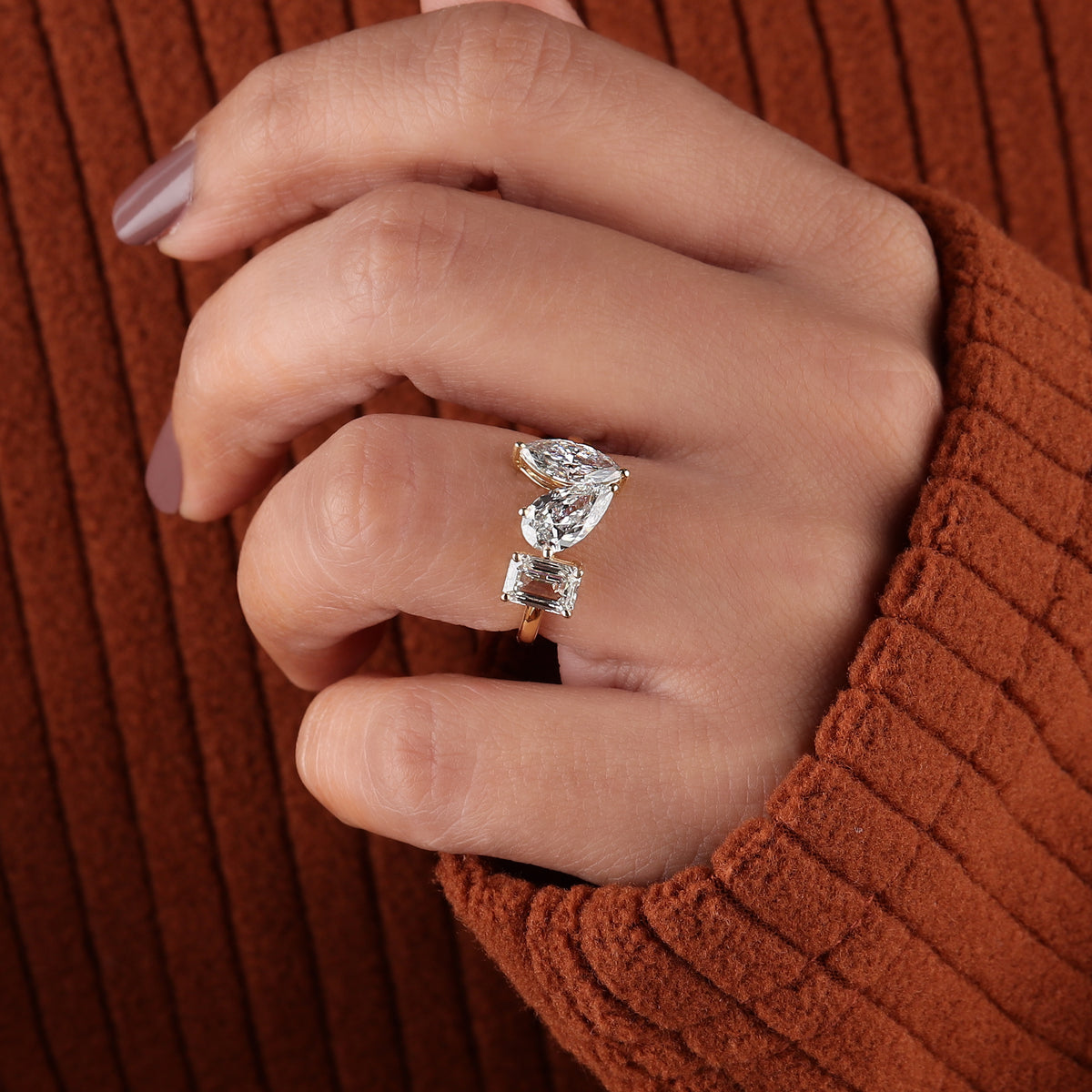 Three Stone Engagement Ring Emerald & Pear Marquise Lab Grown Diamond 14k Yellow Gold