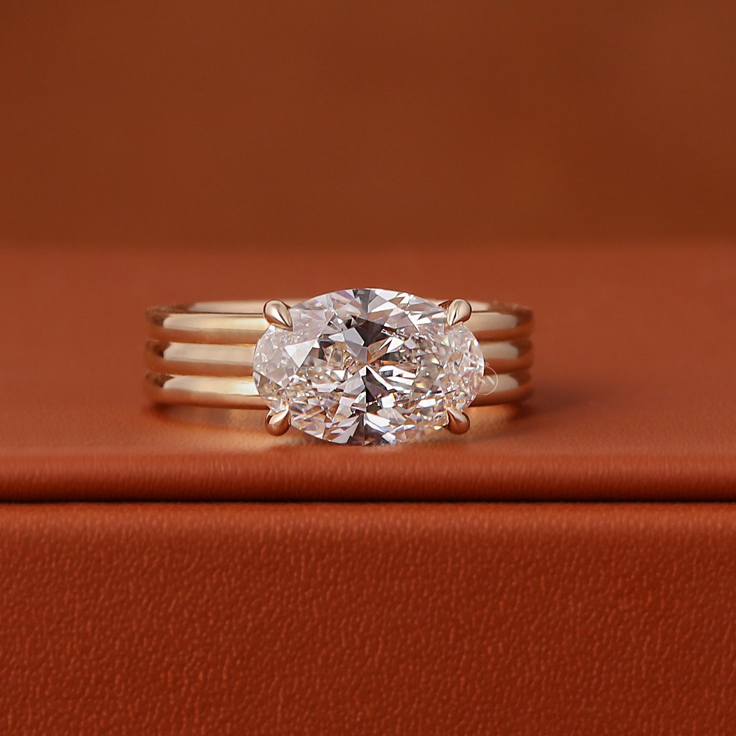 East West Oval Cut Lab-Grown Diamond Engagement Ring 14k Solid Gold Triple Band IGI Certified