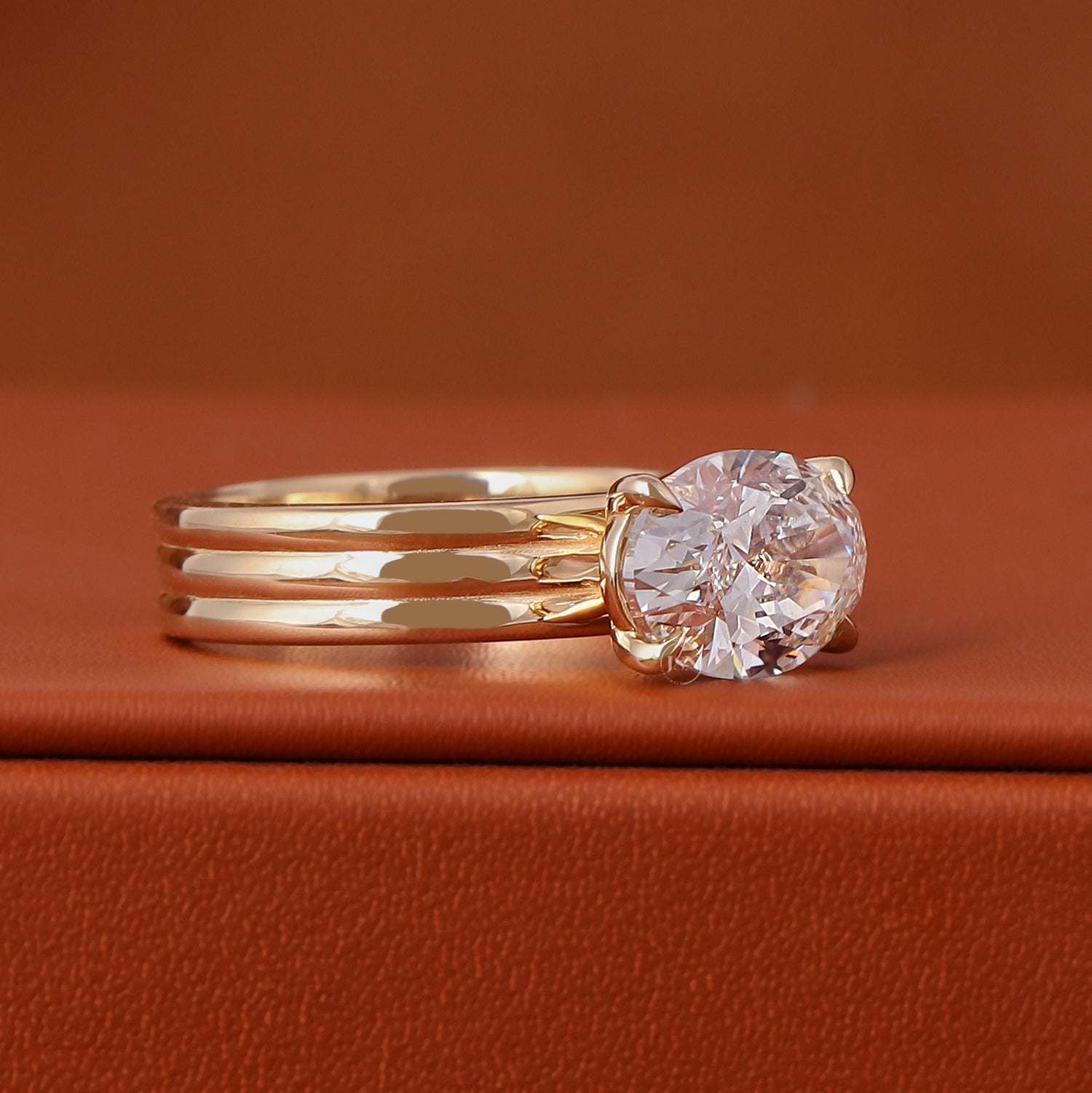 East West Oval Cut Lab-Grown Diamond Engagement Ring 14k Solid Gold Triple Band IGI Certified