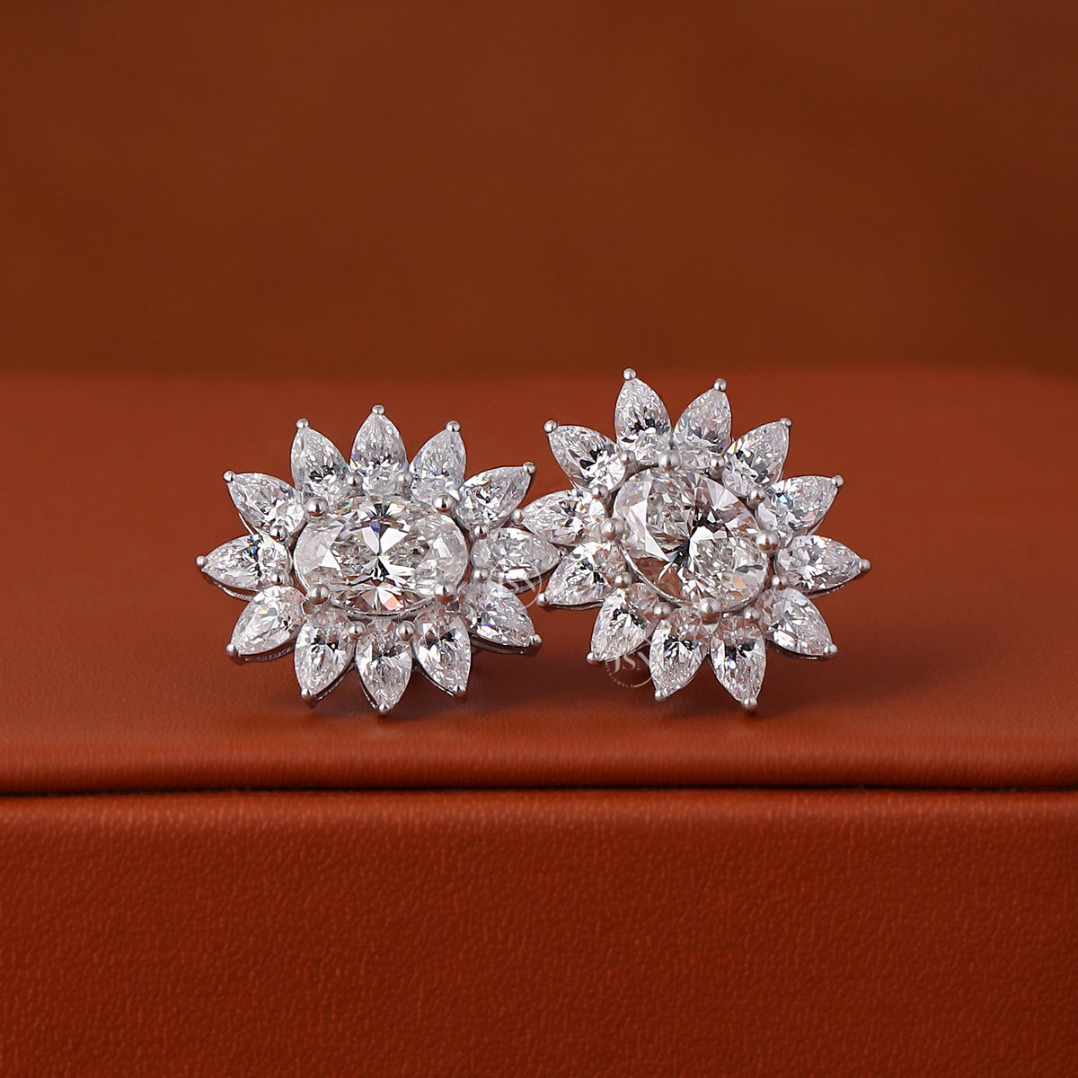 Oval Cut Lab Grown Diamond Flower Stud Earrings 14K Gold Halo Studs IGI Certified