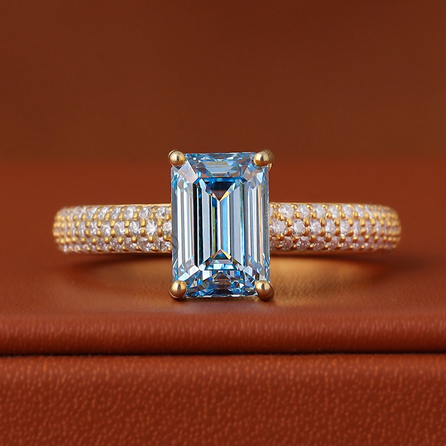 Emerald Cut Blue Lab Diamond Engagement Ring – Hidden Halo Pave Setting, IGI Certified