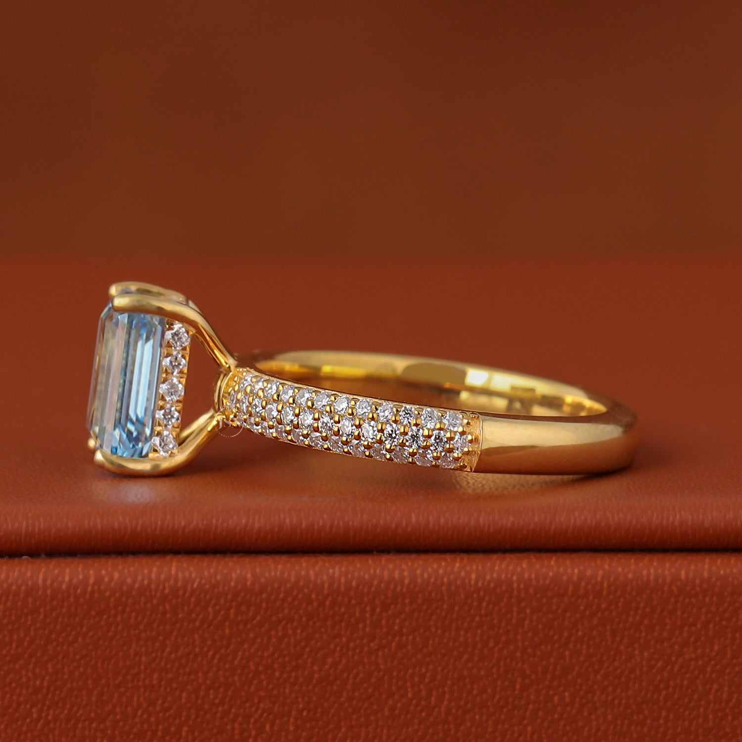 Emerald Cut Blue Lab Diamond Engagement Ring – Hidden Halo Pave Setting, IGI Certified