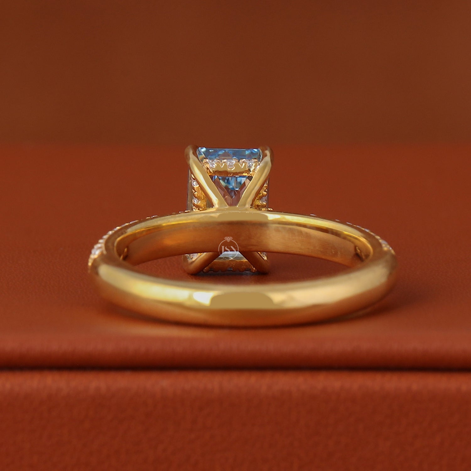 Emerald Cut Blue Lab Diamond Engagement Ring – Hidden Halo Pave Setting, IGI Certified