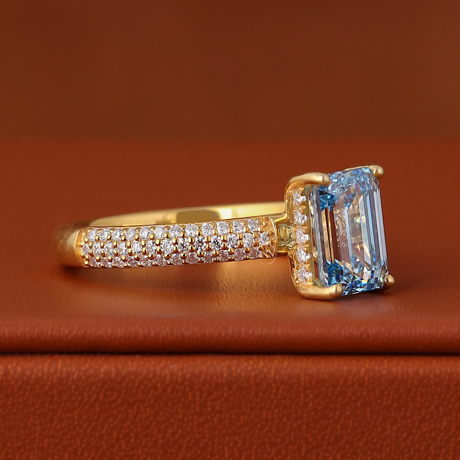 Emerald Cut Blue Lab Diamond Engagement Ring – Hidden Halo Pave Setting, IGI Certified