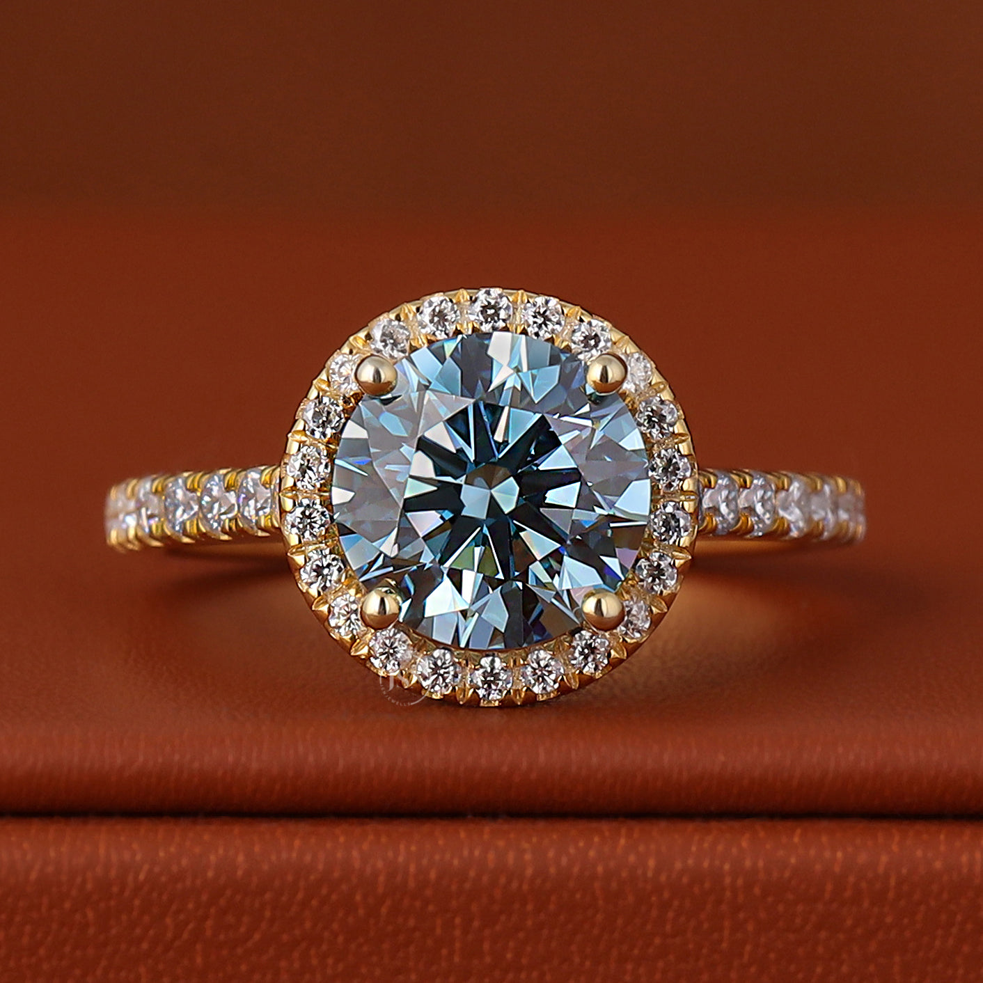 2.00 CT Round Blue Lab Diamond Engagement Ring, 14k Gold Halo Pave Wedding Ring