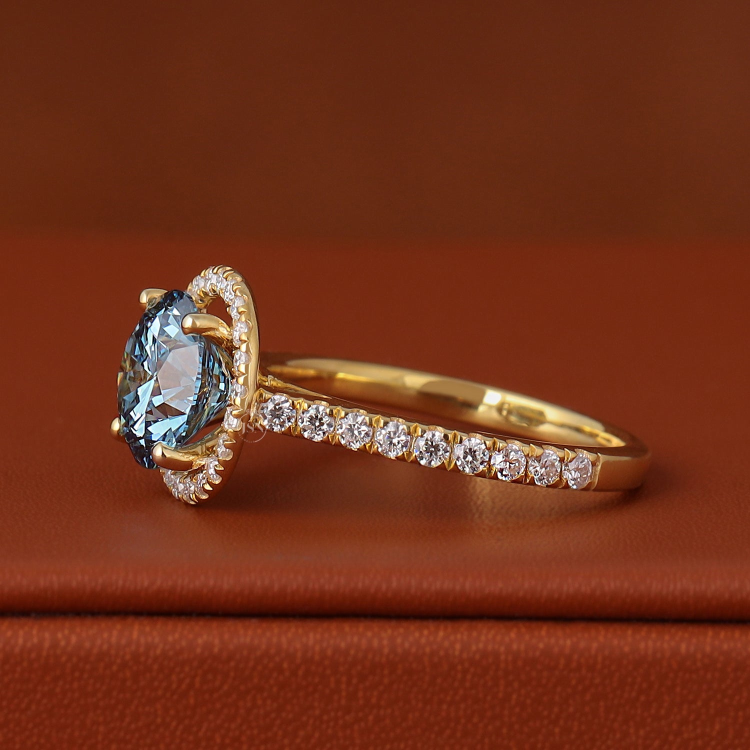 2.00 CT Round Blue Lab Diamond Engagement Ring, 14k Gold Halo Pave Wedding Ring