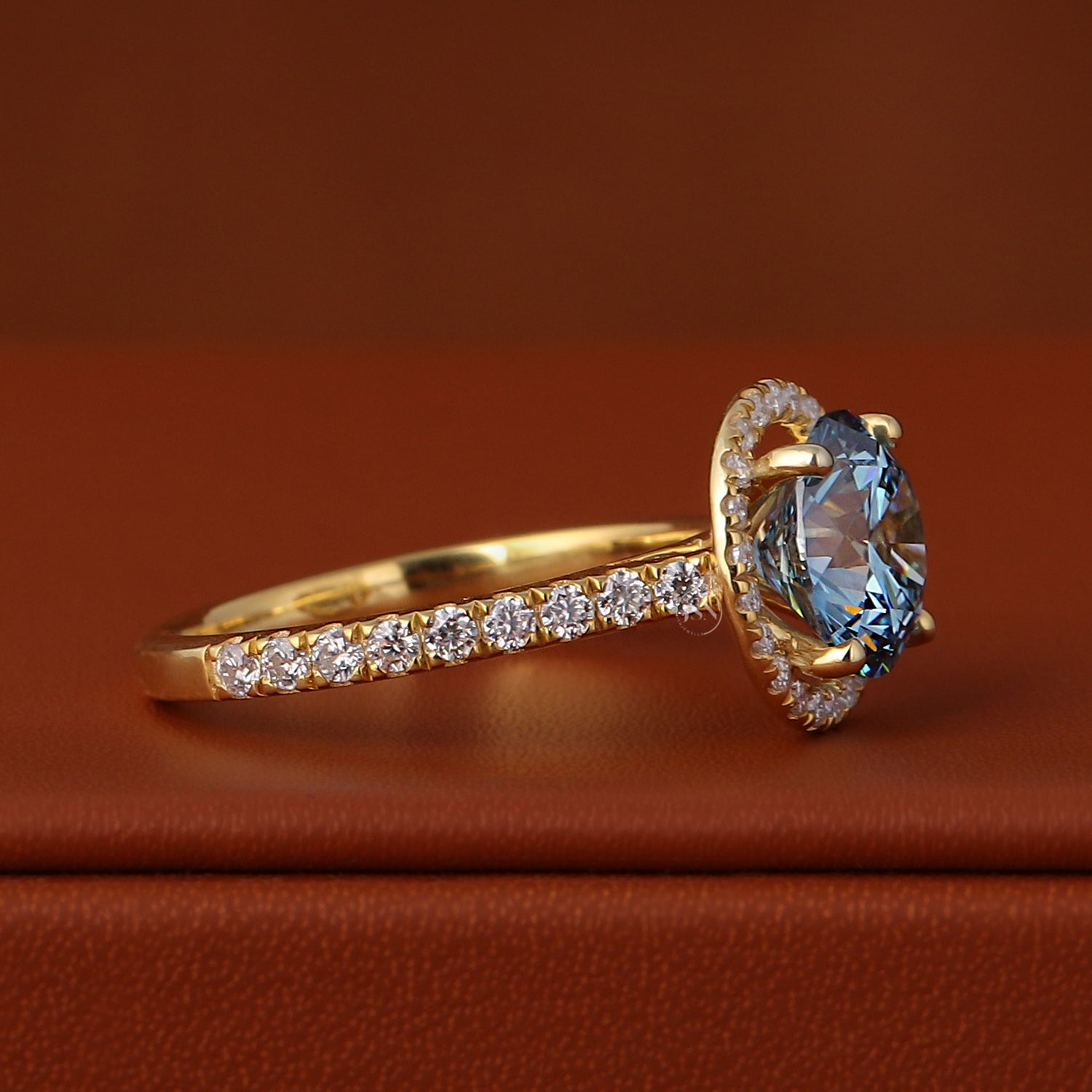 2.00 CT Round Blue Lab Diamond Engagement Ring, 14k Gold Halo Pave Wedding Ring