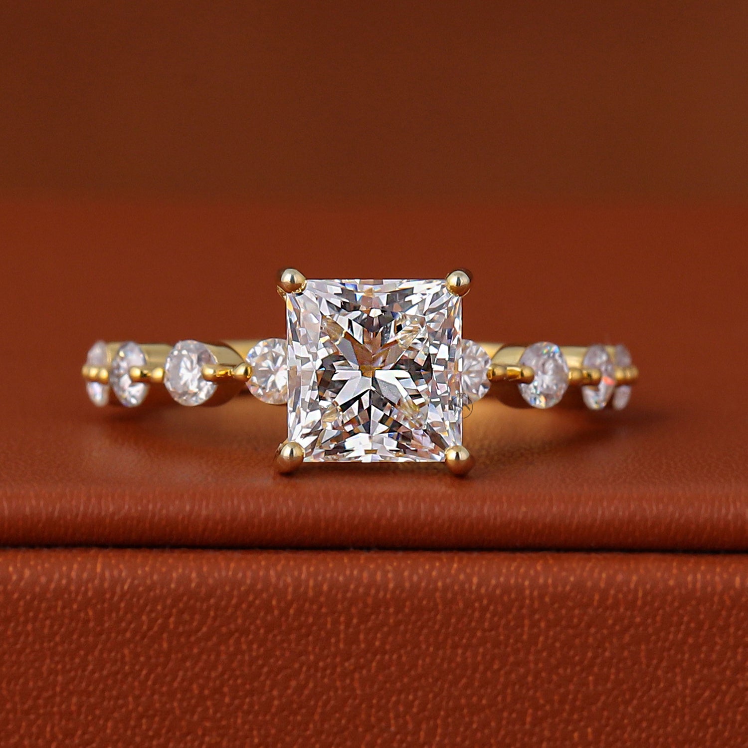 Princess Cut Lab Grown Diamond Engagement Ring Solid Yellow Gold Dainty Pave Band IGI Certified