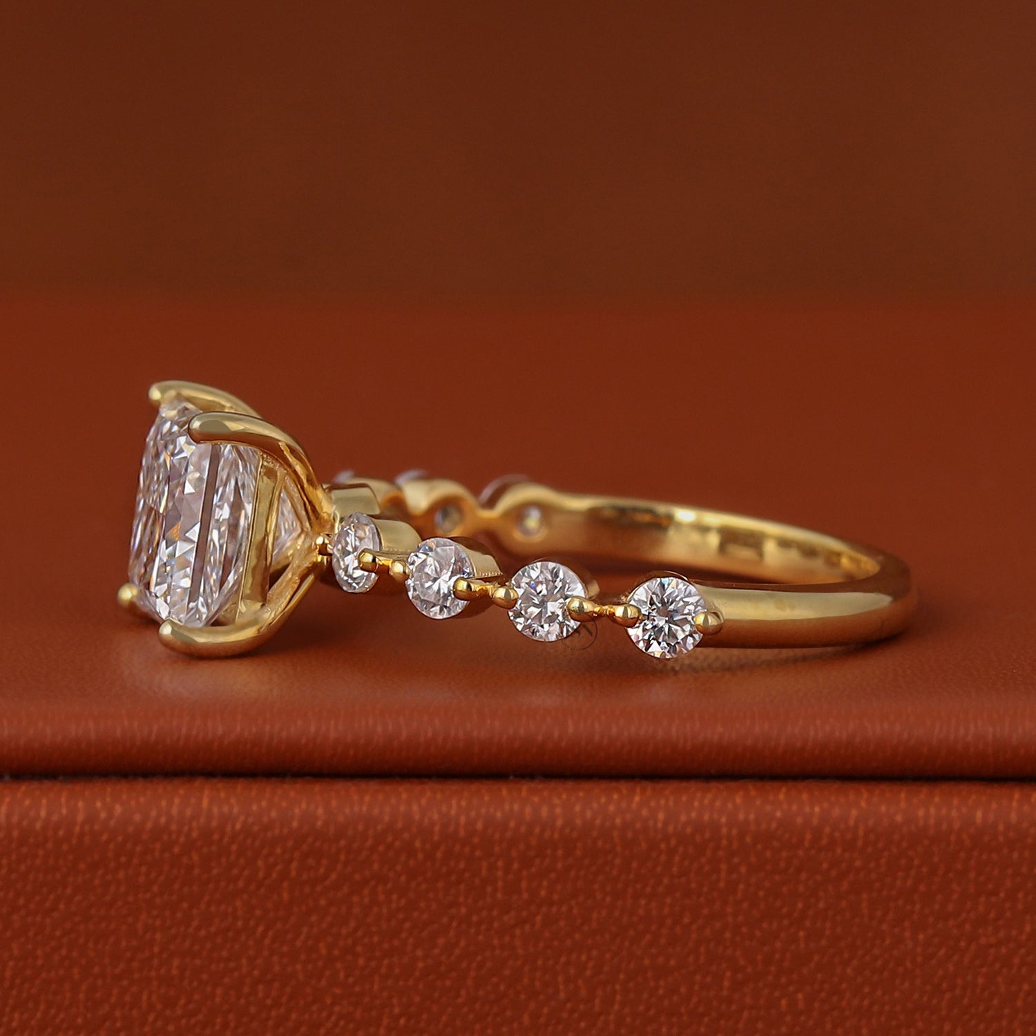 Princess Cut Lab Grown Diamond Engagement Ring Solid Yellow Gold Dainty Pave Band IGI Certified