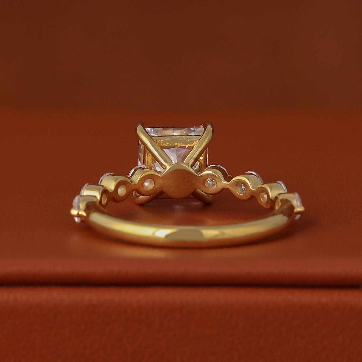 Princess Cut Lab Grown Diamond Engagement Ring Solid Yellow Gold Dainty Pave Band IGI Certified