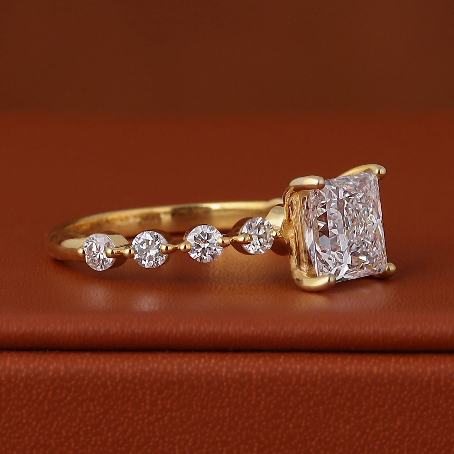 Princess Cut Lab Grown Diamond Engagement Ring Solid Yellow Gold Dainty Pave Band IGI Certified