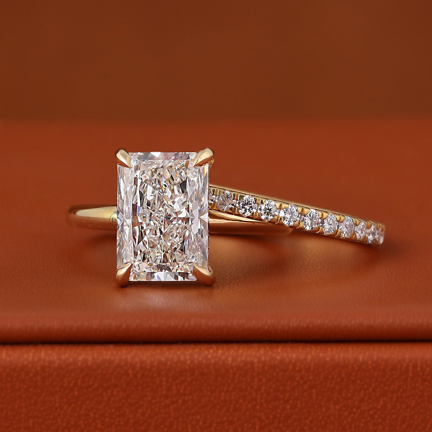3 CT Radiant Cut Lab Diamond Engagement Ring Set 14k Yellow Gold Hidden Halo IGI Certified