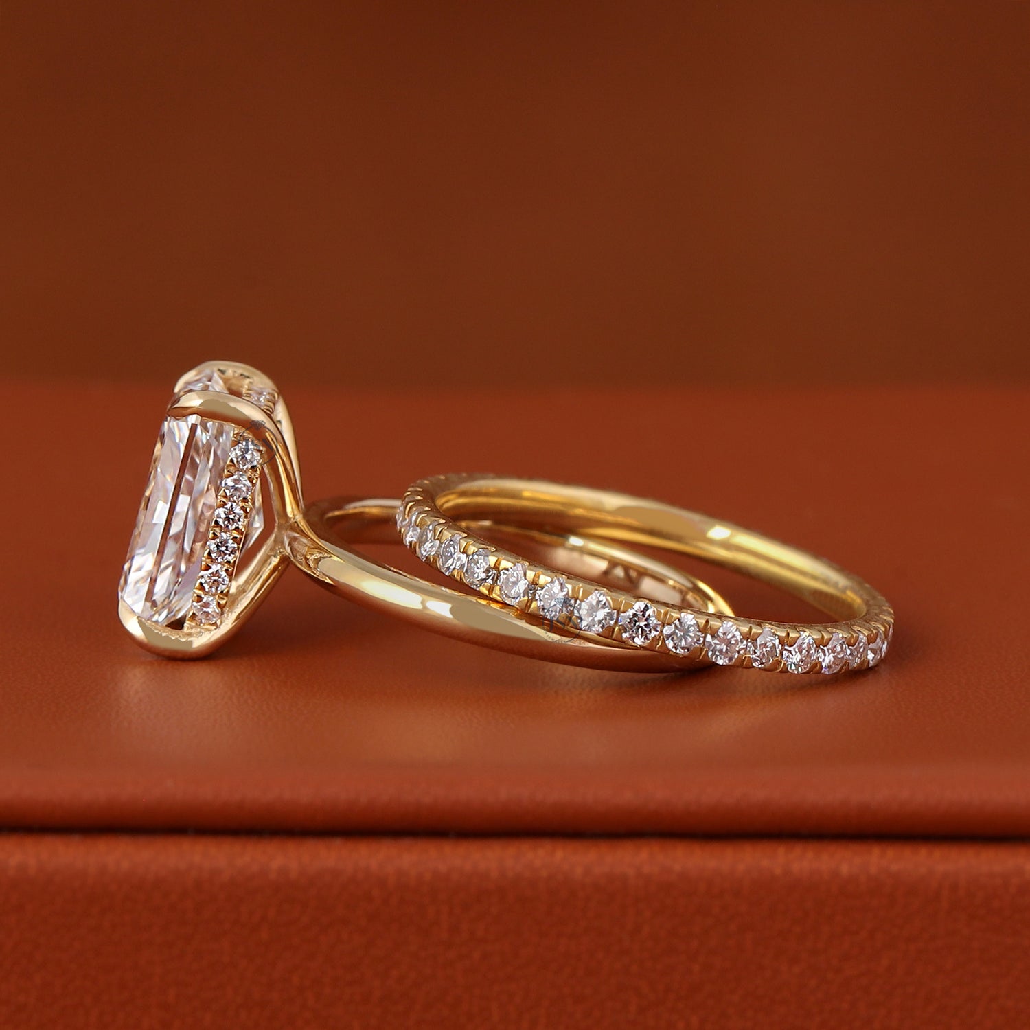3 CT Radiant Cut Lab Diamond Engagement Ring Set 14k Yellow Gold Hidden Halo IGI Certified