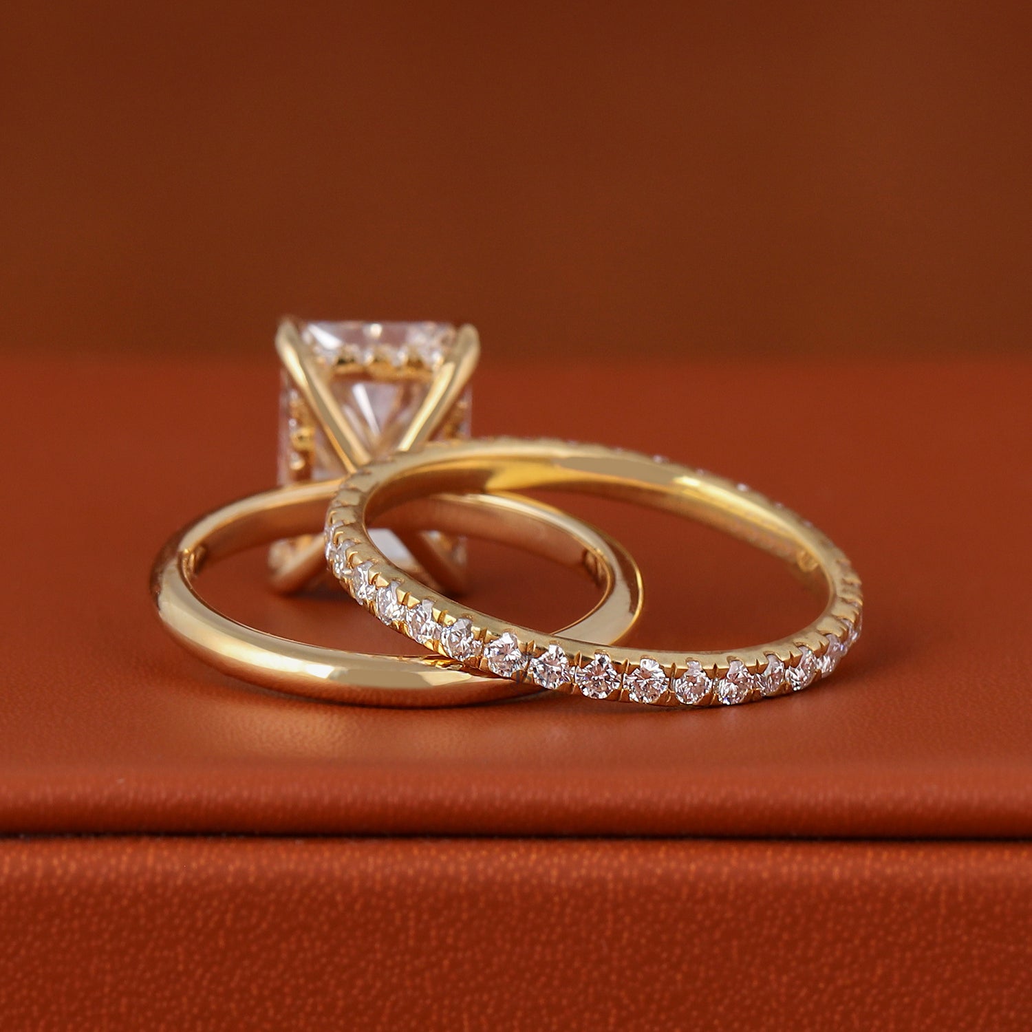 3 CT Radiant Cut Lab Diamond Engagement Ring Set 14k Yellow Gold Hidden Halo IGI Certified