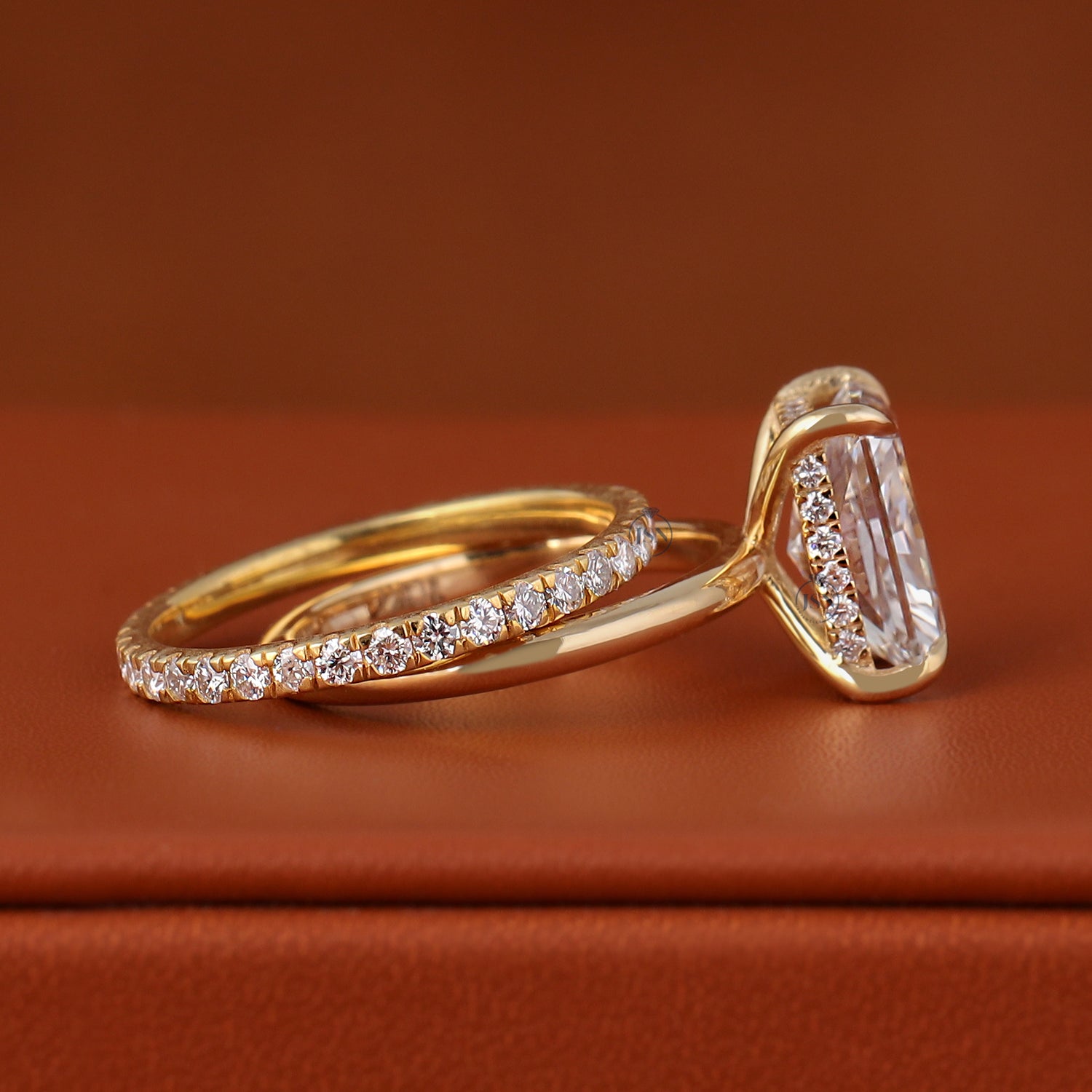 3 CT Radiant Cut Lab Diamond Engagement Ring Set 14k Yellow Gold Hidden Halo IGI Certified
