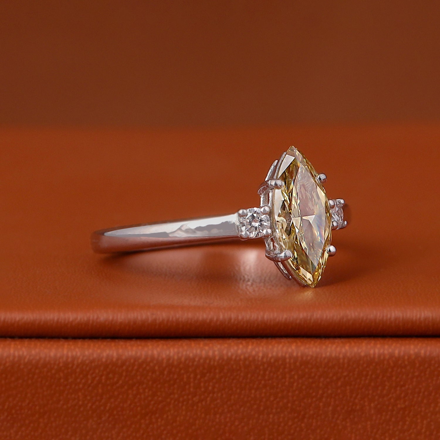 2 Carat Marquise Cut Yellow Lab Grown Diamond Engagement Ring White Gold Three Stone Ring