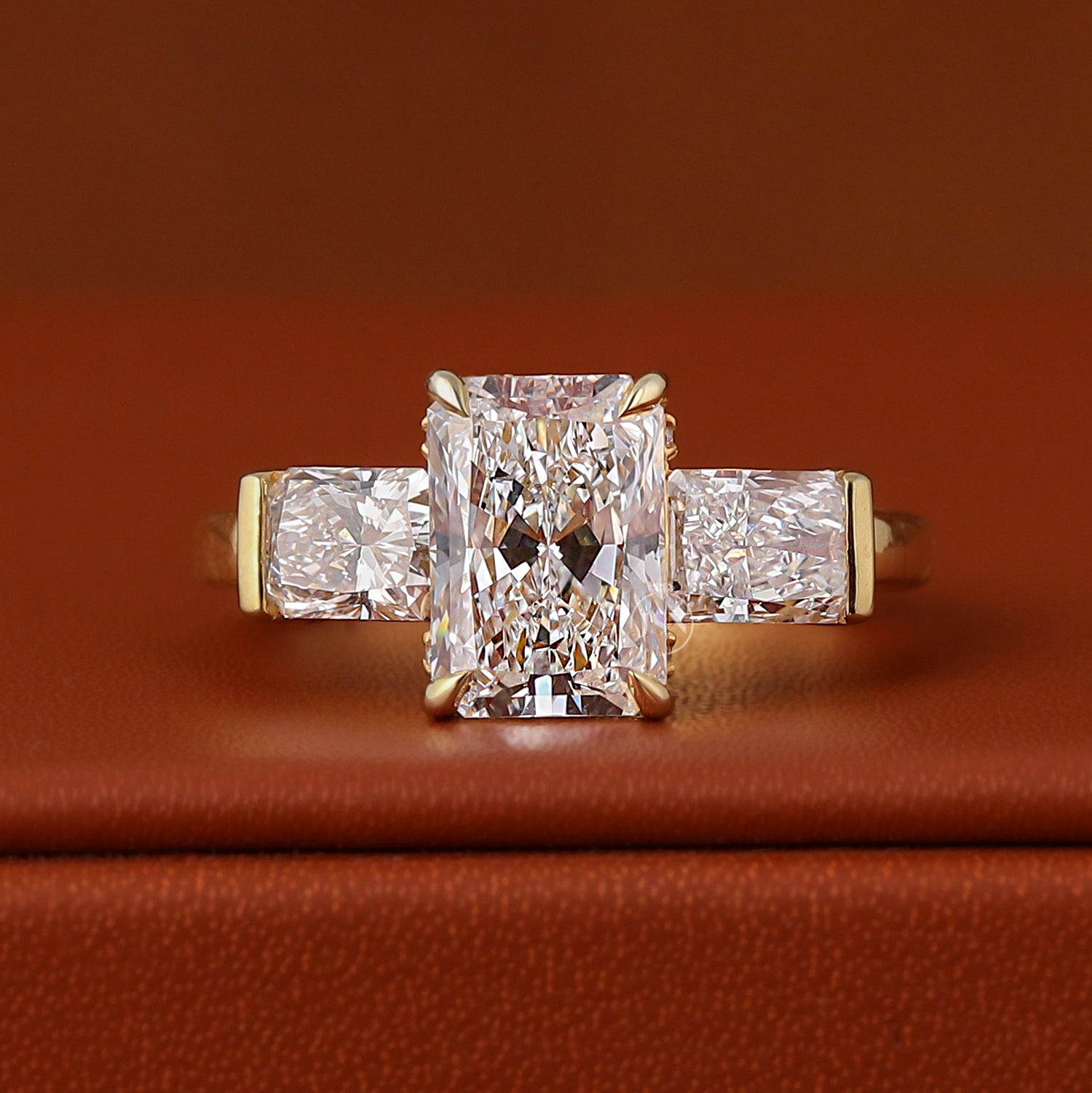 3.00 Carat IGI CERTIFIED Elongated Radiant Cut Lab Created Diamond Engagement Ring Three Stone Hidden Halo CVD Diamonds 14k Yellow Gold