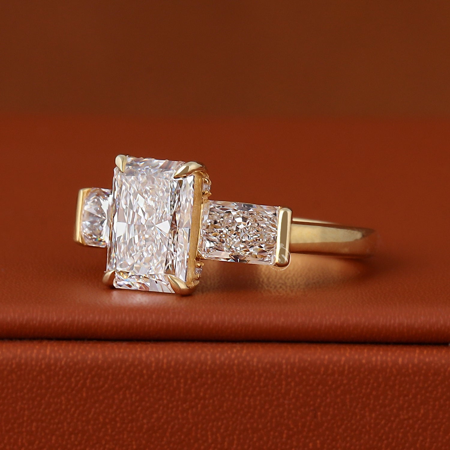 3.00 Carat IGI CERTIFIED Elongated Radiant Cut Lab Created Diamond Engagement Ring Three Stone Hidden Halo CVD Diamonds 14k Yellow Gold