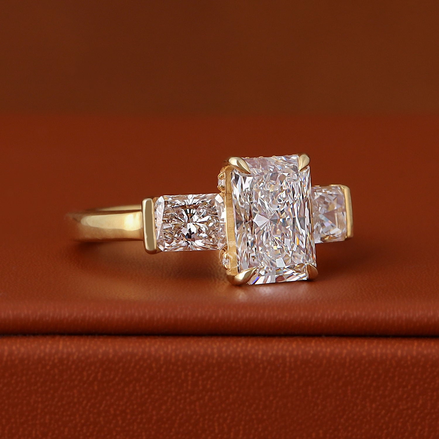 3.00 Carat IGI CERTIFIED Elongated Radiant Cut Lab Created Diamond Engagement Ring Three Stone Hidden Halo CVD Diamonds 14k Yellow Gold