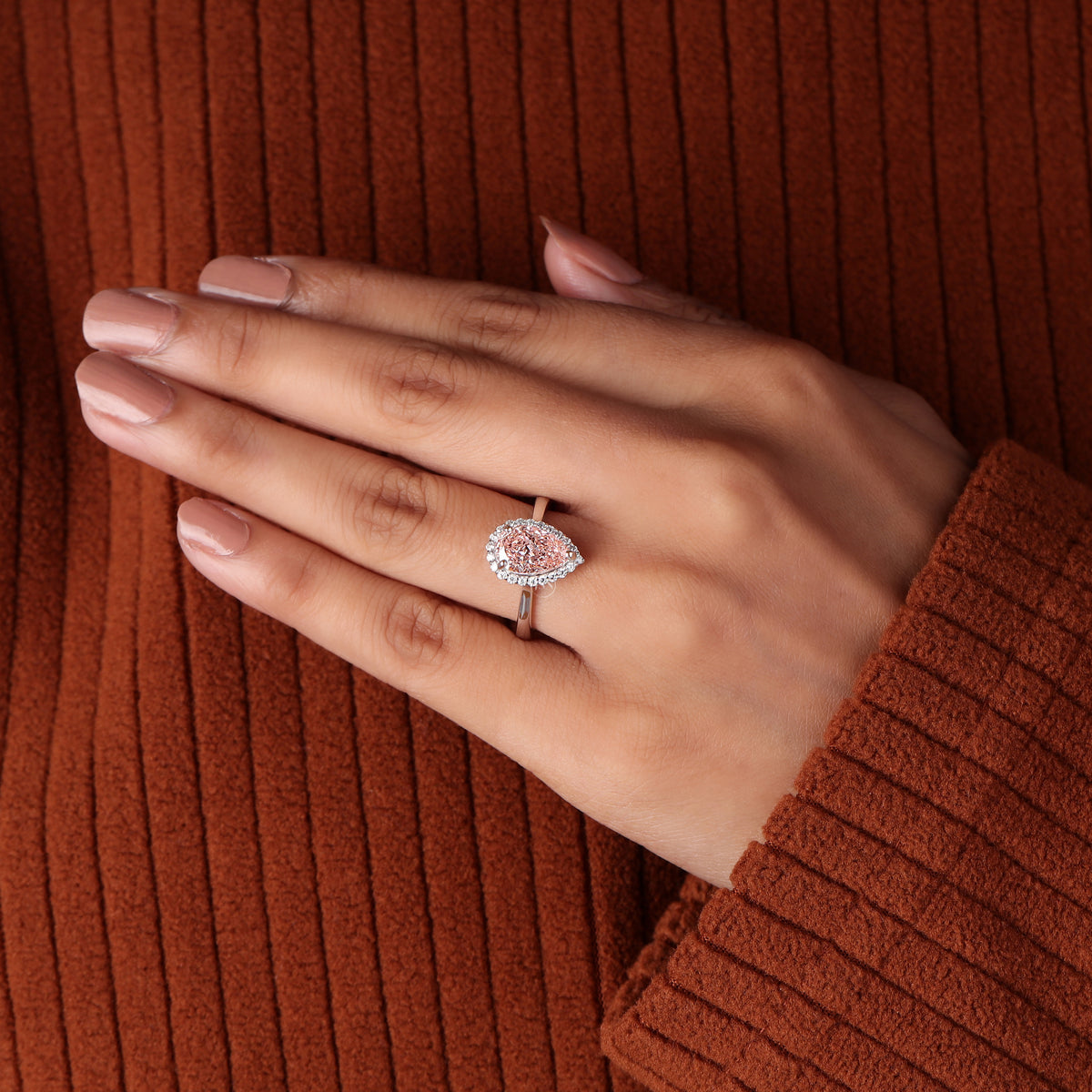 2 Carat Pink Pear Cut Lab Grown Diamond Halo Engagement Ring 14k Solid Gold