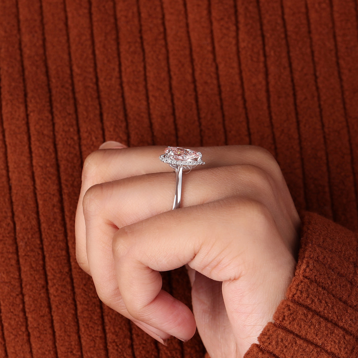 2 Carat Pink Pear Cut Lab Grown Diamond Halo Engagement Ring 14k Solid Gold