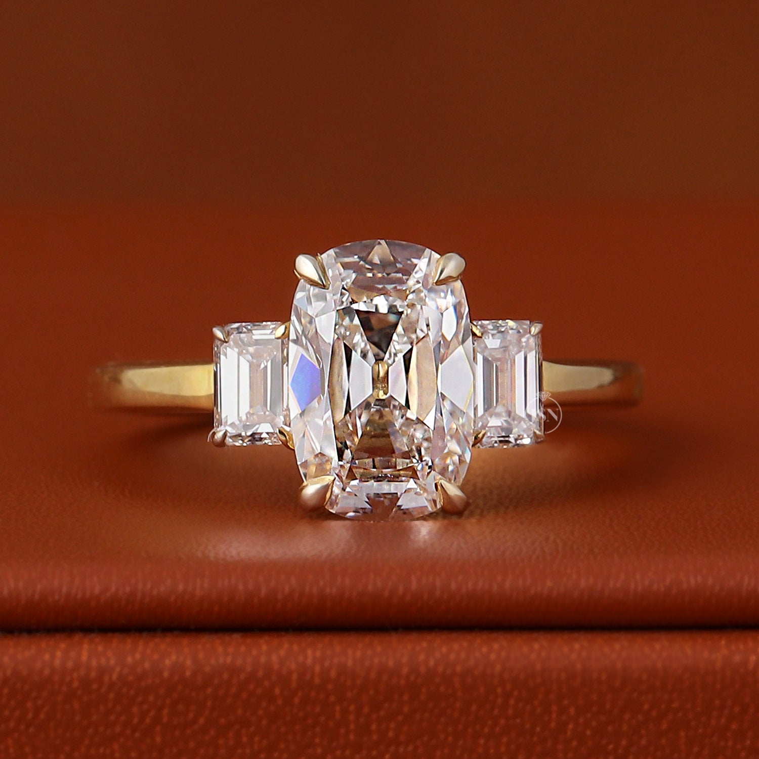 Cushion Cut Lab Grown Diamond Engagement Ring Emerald Side Stones Three Stone Wedding Band IGI Certified