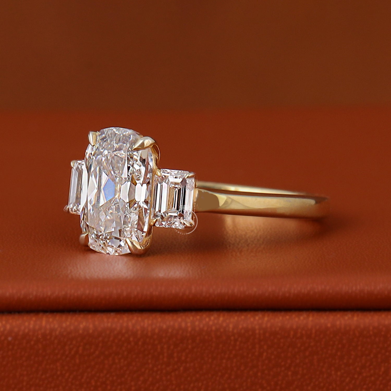 Cushion Cut Lab Grown Diamond Engagement Ring Emerald Side Stones Three Stone Wedding Band IGI Certified