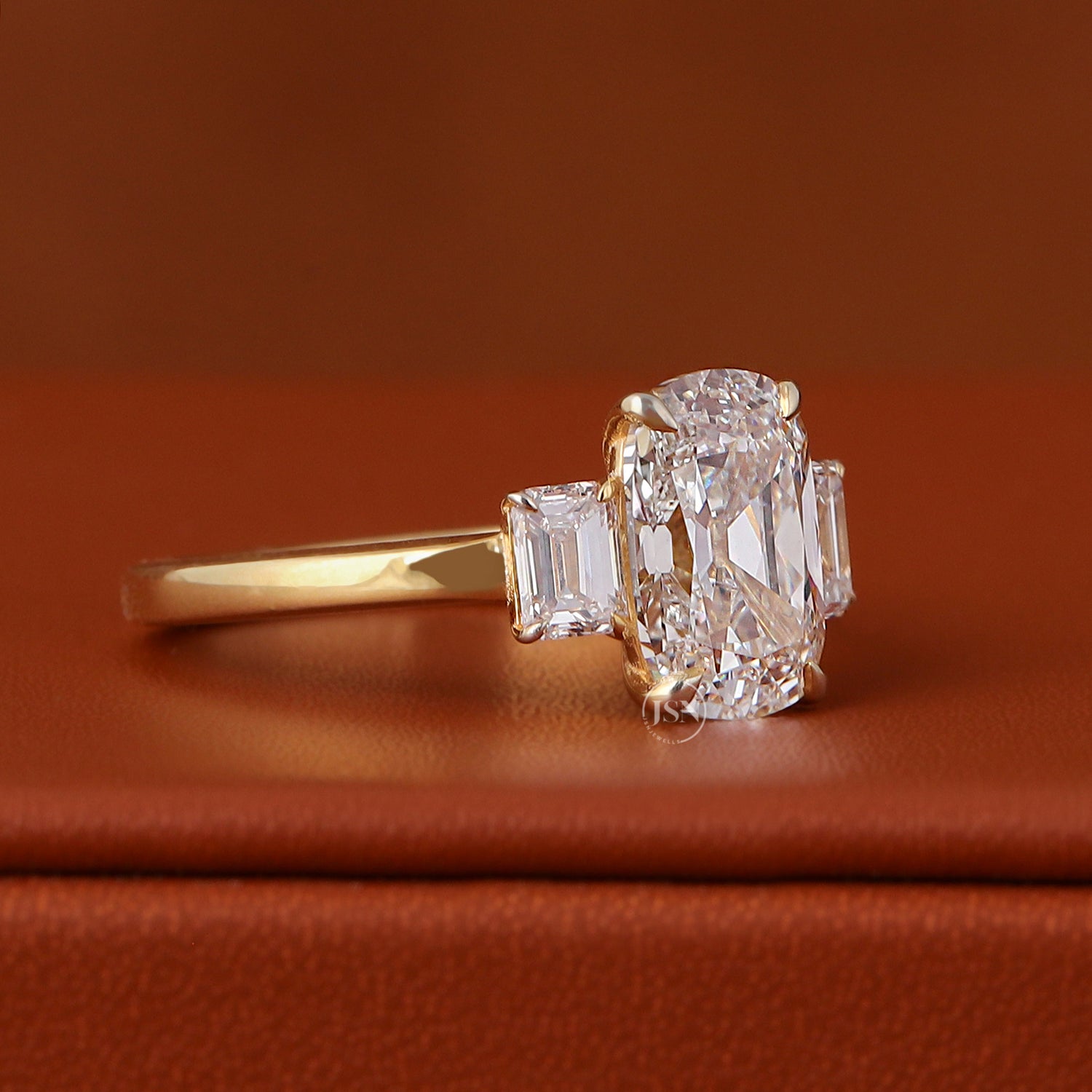 Cushion Cut Lab Grown Diamond Engagement Ring Emerald Side Stones Three Stone Wedding Band IGI Certified