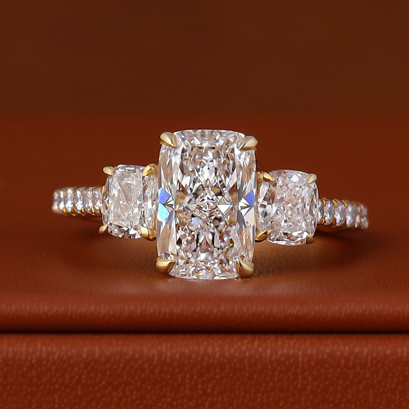 Cushion Cut Lab Diamond Engagement Ring 14k Gold Three Stone Pave Band IGI Certified