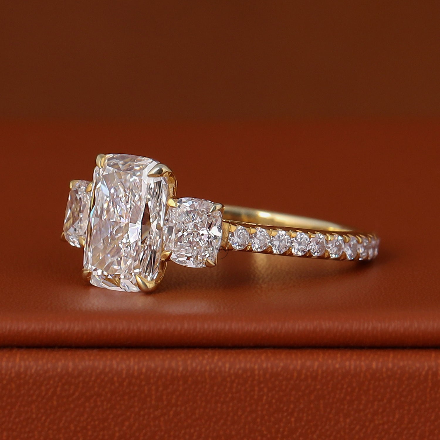 Cushion Cut Lab Diamond Engagement Ring 14k Gold Three Stone Pave Band IGI Certified