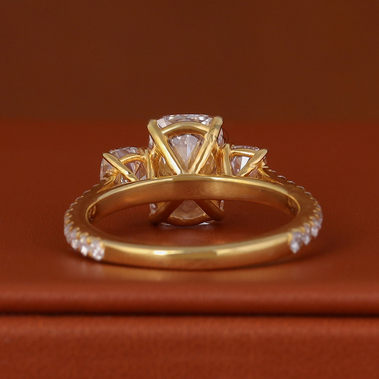 Cushion Cut Lab Diamond Engagement Ring 14k Gold Three Stone Pave Band IGI Certified