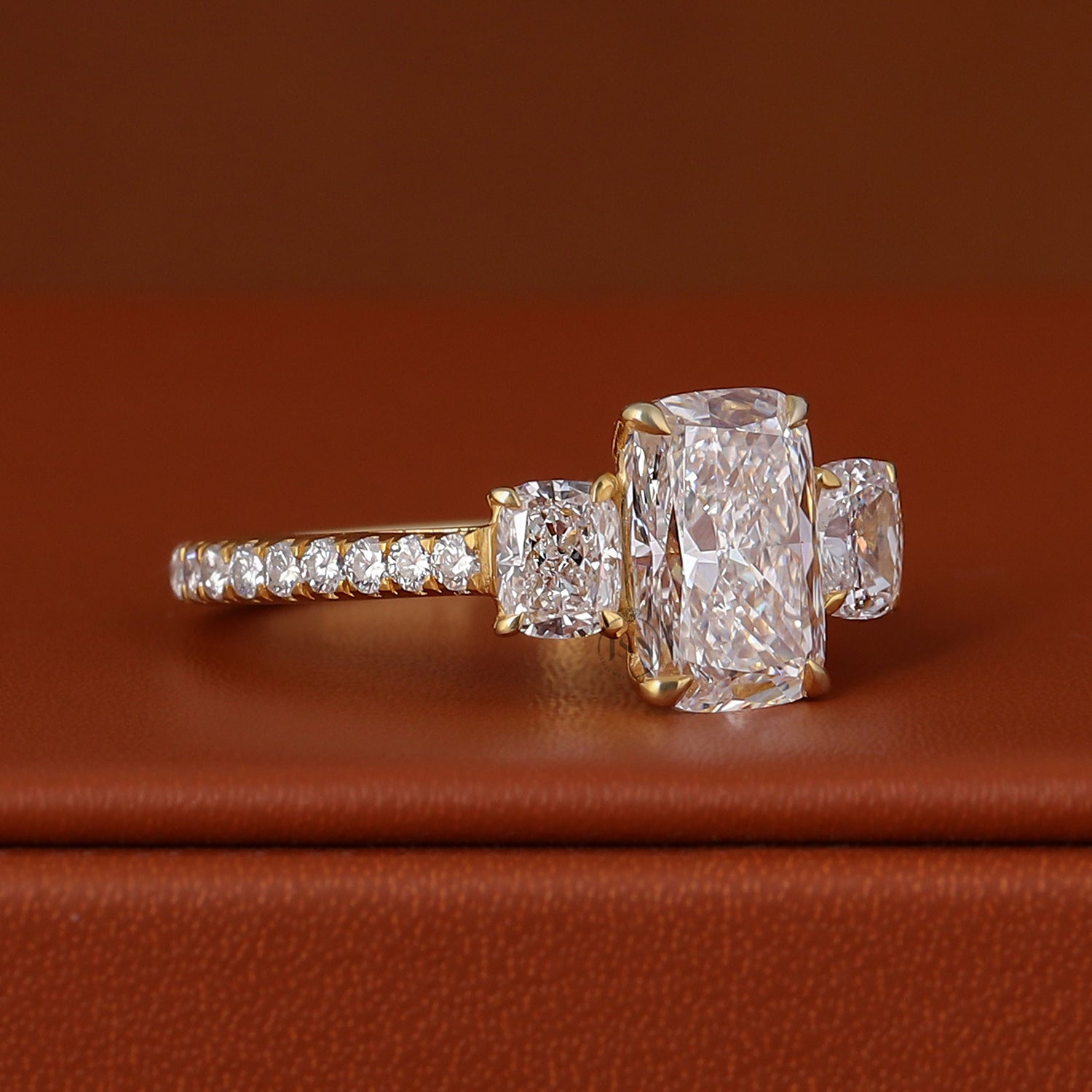 Cushion Cut Lab Diamond Engagement Ring 14k Gold Three Stone Pave Band IGI Certified